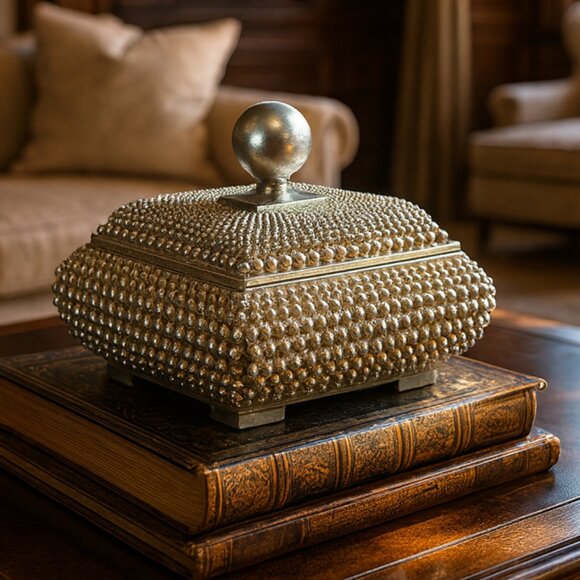 NWT Vintage Coffee Table Champagne Textured Studded Jewelry Trinket Box - Picture 1 of 15
